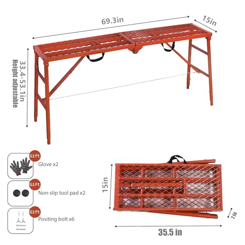 LEADALLWAY Scaffolding Platform 70(L) x15(W) x33(H) 770 Lbs Capacity Folding Adjustable Portable Work Platform Ladder,Red