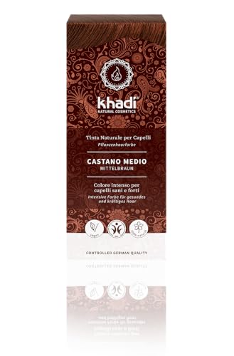 khadi MEDIUM BROWN tinte vegetal, coloración para el cabello de castaño canela vivo y cálido a castaño medio fuerte y profundo, color natural 100% vegetales, natural y vegano, cosmética