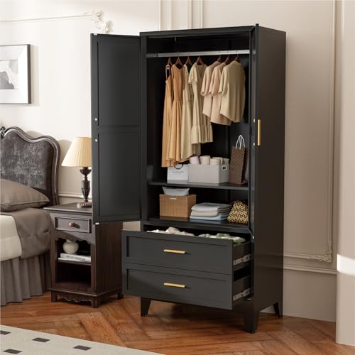 Image of Black Metal Wardrobe Closet, Armoire Wardrobe with Two Drawers Clothes Cabinet for Bedroom, 71 inch Tall Farmhouse Steel Armoire Closet with Drawers and 2 Doors Clothing Storage Cabinet with Hanging Rod
