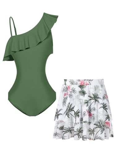 Image of Haloumoning Girls One Piece Swimsuits with Mesh Skirt Ruffle One Shoulder Cut Out Bathing Suit Swimwear 5-14Y