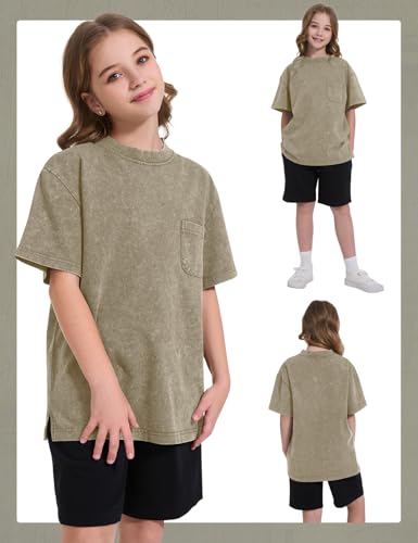 Image of COZYPOIN Unisex Kids Vintage Acid Wash Cotton Tees Crew Neck 3-16Y | 100% Cotton Boys Oversized T Shirt, Crew Neck, Short Sleeve, Front Pocket, Vintage Acid Washed Kids Tees for Boys Girls