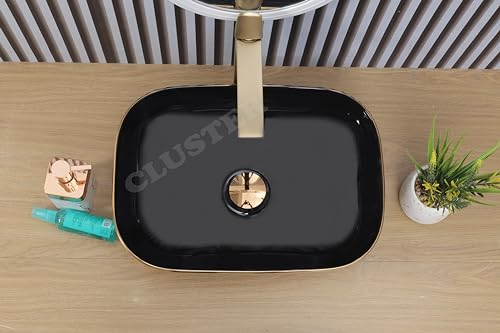 Image of CLUSTER Designer Glossy Ceramic Table Top | Wash Basin For Bathroom And Livingroom And Resturant Decor, Black And Golden, 18x13x5 Inch