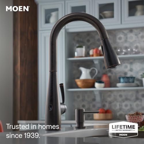 Image of Moen Essie Mediterranean Bronze MotionSense Wave One-Handle Touchless Kitchen Faucet with Pulldown Sprayer and Soap Dispenser, 87014EWBRB