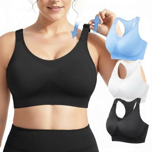 FITTIN Support Sports Bras for Women: 3 Pack Racerback Padded Full Coverage Adjustable Strap Bra for Gym Workout - Seamless Comfort Top for Large Bust Plus Size Woman for Valentines Gifts