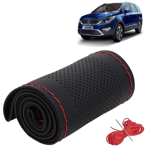 Image of KINGSWAY PU Leatherite Car Steering Cover Sewable Compatible with Tata Hexa (Year 2016 Onwards), Black Color with Red Thread, Pack of 1 with Sewing Needle and Thread