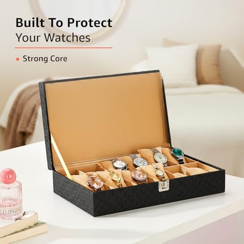 Image of amazon basics Unisex Faux Leather Watch Organiser Box with 12 Slots |Watch Organiser|33.5LX20.5BX8H cm| Black