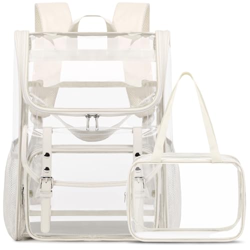 Image of DIGOBAY Clear Backpack with Lunch Bag, Leather Clear Bookbag Heavy Duty | Thick PVC Clear Backpack for Girls Women See Through Transparent Backpacks for Stadium Events College Travel Work, Beige