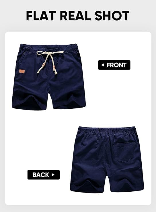 Mens Casual Beach Shorts Elastic Drawstring Waist Cotton Linen Shorts with Pockets - Image 8