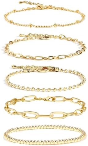 Gold Chain Bracelet For Women,14K Real Gold Link Dainty Bracelets Stake Adjustable Layered Bracelet Set Hypoallergen Gold Jewelry