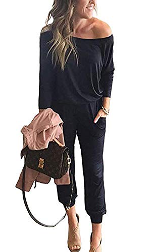 PRETTYGARDEN Women's Casual Long Sleeve Jumpsuit Crewneck One Off Shoulder Elastic Waist Stretchy Romper with Pockets (Black, Medium)