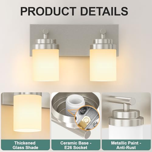 Image of IZORRO Bathroom Vanity Light Fixture, 2-Light 15 Inch Brushed Nickel Bathroom Light Fixtures Over Mirror, with White Glass Shade, Modern Farmhouse Vanity Lights, Rustic Restroom Lighting Fixtures