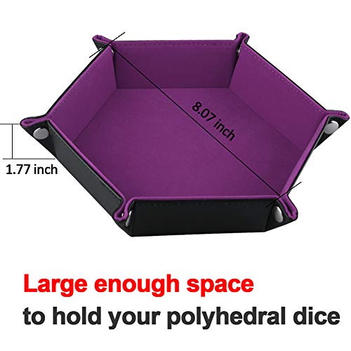 Image of SIQUK Double Sided Dice Tray, Folding Hexagon PU Leather and Velvet Dice Holder for Dungeons and Dragons RPG Dice Gaming D&D and Other Table Games, Dark Violet