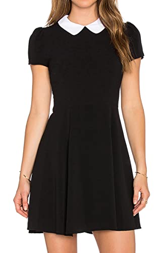 Futura London Womens Black Peter Pan Collar Short Sleeve Pleated Mini Skater Casual Cocktail Club Halloween Dress (UK 12)