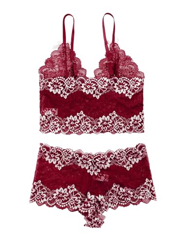 Image of Lilosy Sexy Lingerie for Women Lace Pajamas Set Cami Bra and Panty High Waist Sheer Sleepwear 2 Piece 2XS-6XL