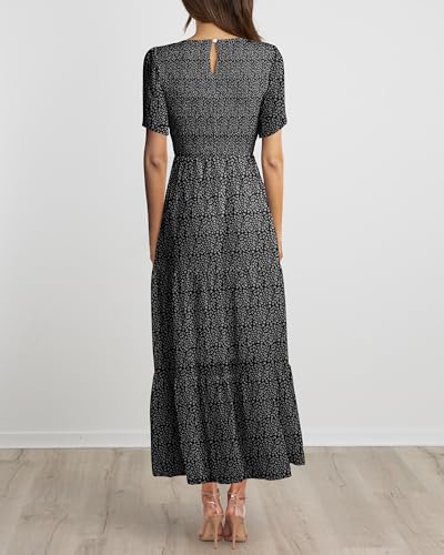 Image of BTFBM Women Casual Short Sleeve Crew Neck Summer Dress Bohemian Floral Printed Flowy Maxi Dresses Tiered Cocktail Dress