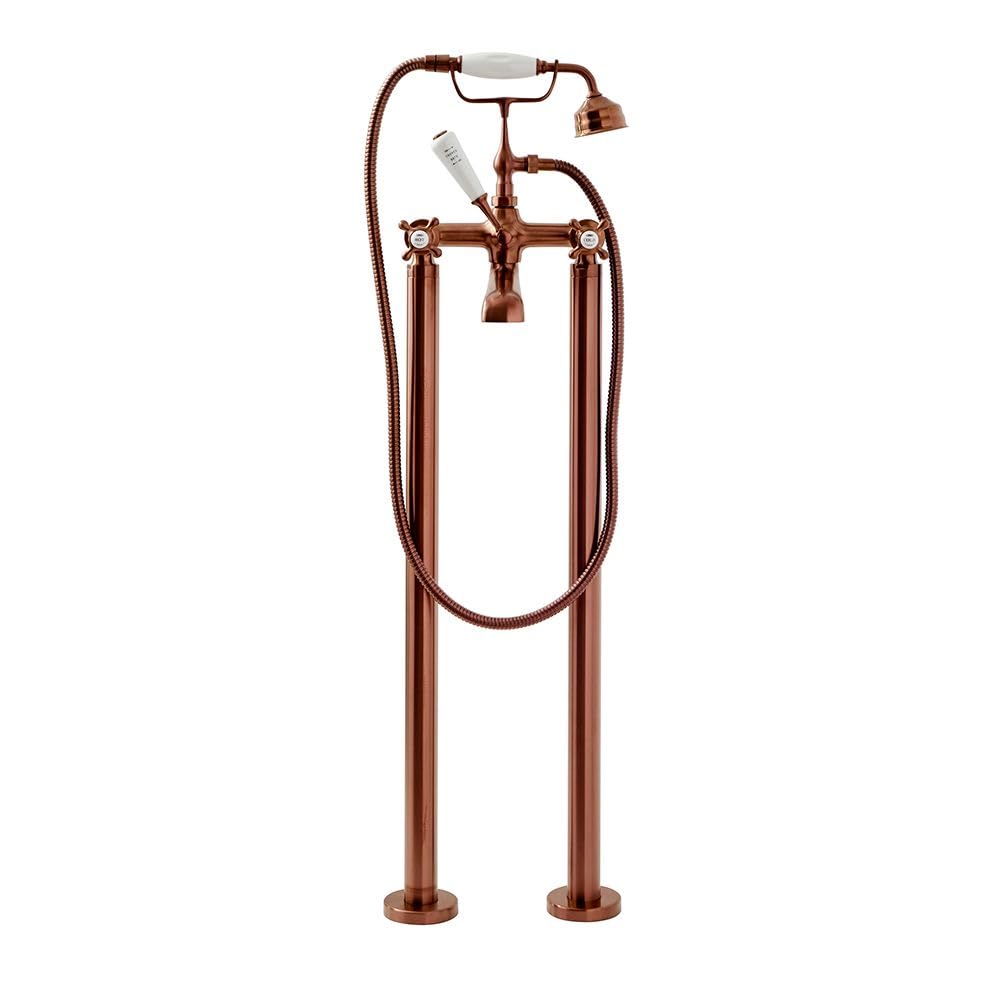 Milano Brushed Copper Elizabeth Freestanding Bath Shower Mixer Tap Crosshead Handles