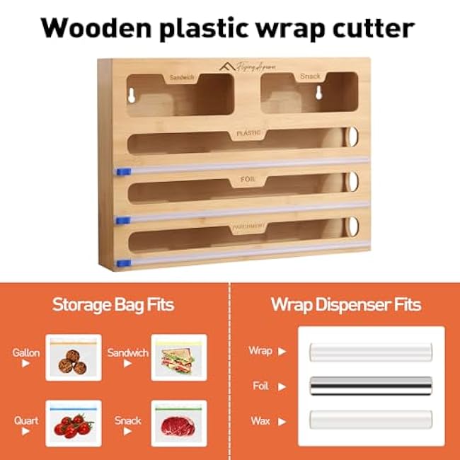 APSARAS USA 5 in 1 Bamboo Foil and Plastic Wrap Organizer for Kitchen Drawer, Ziplock Bag Organizer, Saran Wrap Dispenser with Cutter, Plastic Bag Organizer, Food Storage Bag Organization