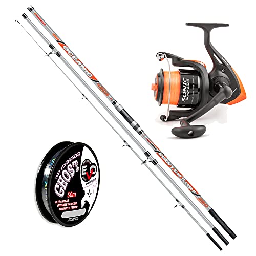 Combo SURF - Caña de trasbordador Oceanic Master Surf 4,20 m 250 g Carrete Trabucco Sonic Surf 6500 monofilamento XPS Naranja de bobina fluorescente Evo Ghost 0,45