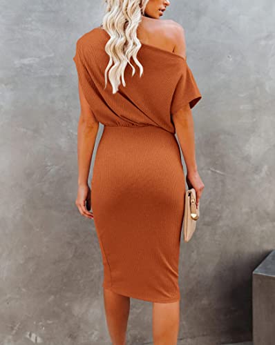 Image of EZBELLE Women's Summer Dress Off The Shoulder Short Sleeve Ribbed Casual Party Bodycon Midi Dresses