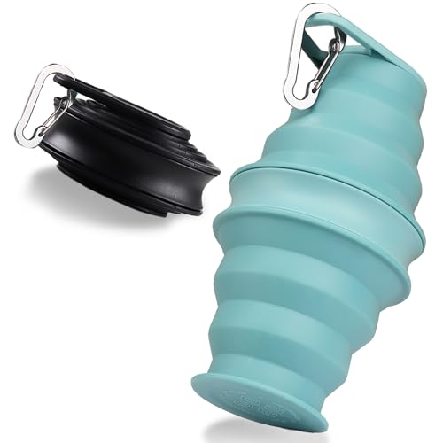 Gourde Pliable Silicone Bouteille D'Eau Pliable 500ml Retractable Portable Avec Mousqueton Voyage/Sport/Camping（Noir + Bleu）