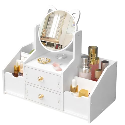 Image of PLUSPOINT Makeup Desk Cosmetic Storage Box DIY-Organizer with Mirror & Drawers for Dressing Table, Vanity Countertop, Bathroom, Stationery, Makeup Organizer for Women and Girls