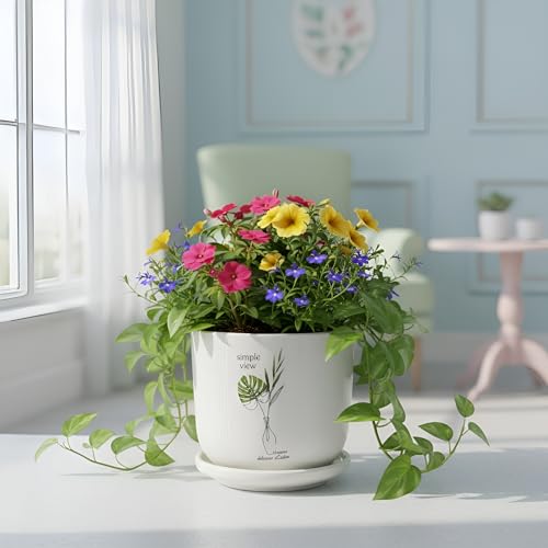 Image of Xtore Ceramic Planter with Drainage Tray | Minimal Botanical Print Flower Pot for Home, Study Table, Office Desk & Window Decor - (White, 1 Piece, Planter ONLY)