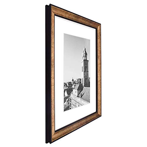 Golden State Art, 12X16 Black Trim Gold Frame - White Mat For 8X12 Photo - Vintage Antique Style - Brushed Texture Finish - Wall Mounting - Portrait/Landscape - Tempered Glass #TOP1