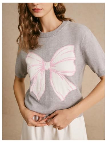 Image of BEAUDRM Women's Bow Short Sleeve Sweater Crewneck Knitted Pullover Cropped Tops Chunky Sweater Shirt Grey Small