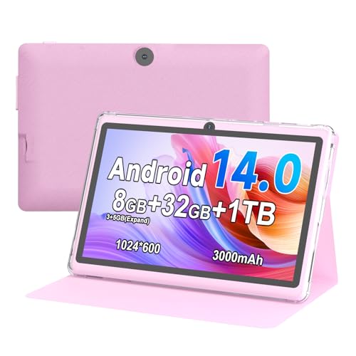 Image of Tablet 7 Inch Andriod with Protective Case, RAM 8GB(3+5Expand) ROM 32GB 1TB Expand, IPS 1024 * 600 Bluetooth, WiFi, GMS, Widevine L1,YouTube, Netfilx (Pink)