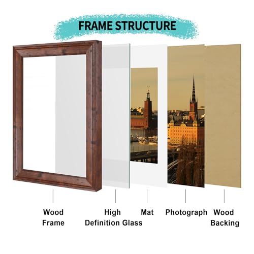 Image of iRahmen 8x12 Vintage Picture Frame with Mat 6x8 - High Definition Real Glass Wooden Photo Frames for Tabletop Display and Wall Mounting (Brown, Set of 4)
