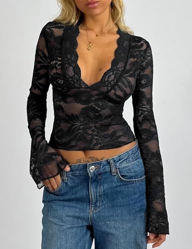 Women's Lace Long Sleeve Tops Deep V Neck Bell Sleeve Y2K Crop Going Out Top Sexy Sheer Slim Fitted T Shirt2