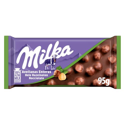 Milka Tableta de Chocolate con Leche con Avellanas Enteras, 95g | Tableta Milka de chocolate con leche de los Alpes con avellanas enteras, para disfrutar en cualquier momento del día