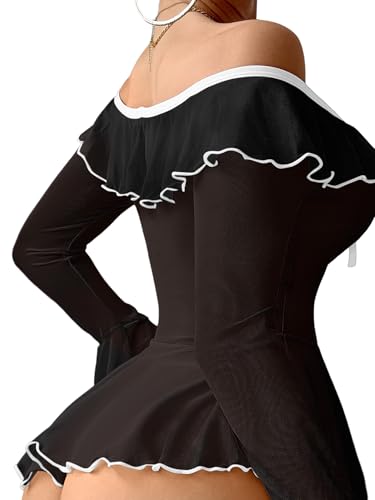 Image of Foxiny Sheer Ruffle Long Sleeve Babydoll Lingerie Dress | Off-shoulder neckline, flared cuffs and a flounce hem add movement; thong and thigh-high stockings complete the 3-piece set