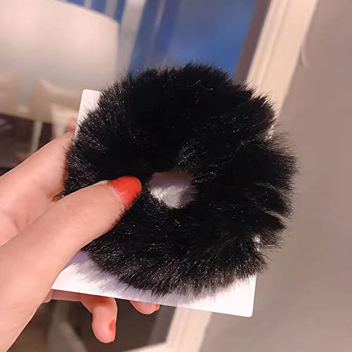 2 Pcs Furry Hair Scrunchies Cute Hair Bands With Faux Rabbit Fur Elastic Hair Ties Hair Bobbles Ponytail Holders Girls Women Hair Accessories (Black) #TOP1