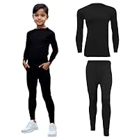 INSAFIANS Kids Thermal Long Johns Set Base Layer Sports Gym Underwear Long Sleeve Top Bottom Compression Set Athletic (Black, Set 9-11 Years)