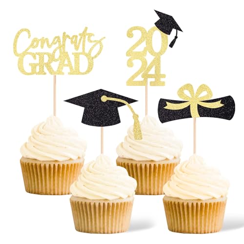 Gexolenu 24 Pcs Gold Class Of 2024 Graduation Cupcake Toppers Double-Sided Glitter Grad Cap Cake Toppers For Graduation Party Supplies 2024 Graduate Party Cake Picks Graduation Decorations cover