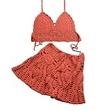 XYNM bañador Conjunto De Bikini Crochet Dos Piezas para Mujer, Cubierta Falda Baño, Traje Baño Playa-Rojo Oxidado-Top M Talla Única