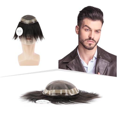 Image of Artello FINE R MONO Smart Hair Patch for Men, Silky Hair Wig in 100% Natural Human Hair, Dual Shade Apollo PU for Indian Skins, 2x Finest Base (Colour: Natural Black) (7x5)