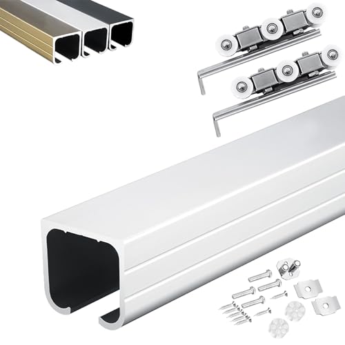 Kit de herrajes de aluminio para puerta corrediza – Juego de rieles para puerta de granero interior/exterior con riel superior de puerta de bolsillo y rodillos