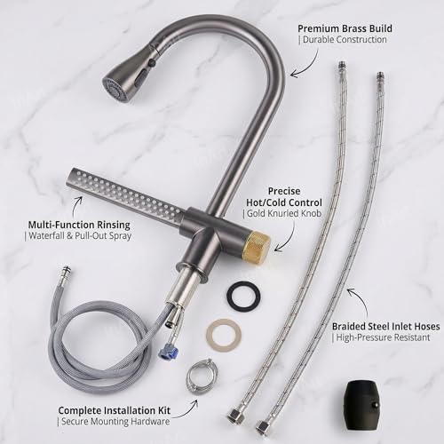 Image of InArt Brass Waterfall Kitchen Sink Mixer Tap /Faucet 360 Rotatable Pull Out Kitchen Faucet Multi-Function (Grey Black)
