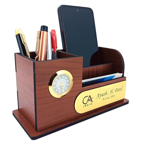 Image of AJANTA ROYAL Elegant Desktop Organizer with Clock, Pen Stand & Phone Holder & Personalized Name Tag, A unique corporate gift. (Brown)