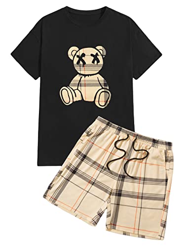 WDIRARA Men's 2 Piece Outfit Bear Print Short Sleeve Tee and Plaid Drawstring Waist Shorts Set