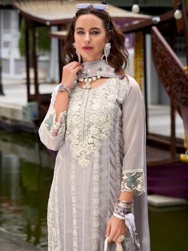 Image of INDO ERA Womens Organza Embroidered Straight Kurta Pant Dupatta Set (IEOUT10618)
