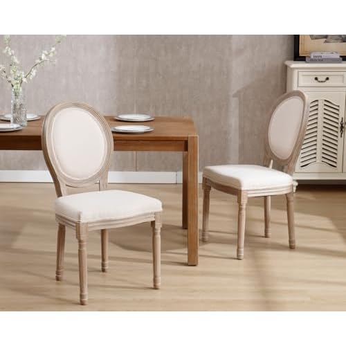 CIMOTA Farmhouse Dining Chairs Set of 8, French Rattan Dining Room Chairs with Distressed Wood Upholstered Vintage Side Chairs for Kitchen/Restaurant, Linen Beige/8PCS