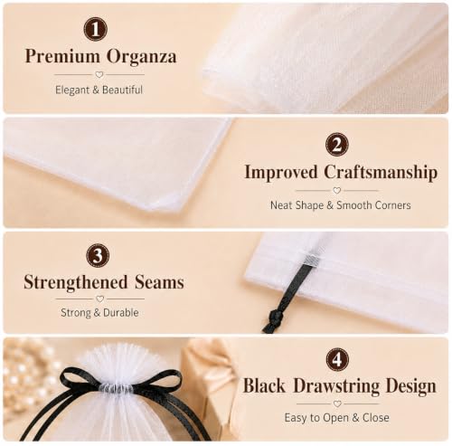 Image of Hopttreely 50PCS White Organza Bags with Black Drawstring, 4x4.72INCH Multi-Purpose Mesh Gift & Fruit Protection Bags for Wedding Favors, Jewelry, Christmas, Sachet, Easter, St. Patrick's Day, Party Supplies, Garden Plant Netting