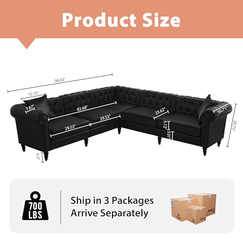 Image of LEVNARY 98 inch x 98 inch L-Shaped Chesterfield Sectional Couch, 5-Seat PU Leather Couch with Rolled Arms, Mid-Century Modern Tufted Corner Sofa for Living Room Bedroom Office (Black)