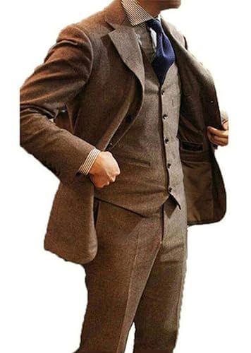 Retro Men's Suits Brown Tweed Herringbone Groom Slim Fit Formal Khaki Blazer Vintage Wedding 3 Pieces Tuxedos