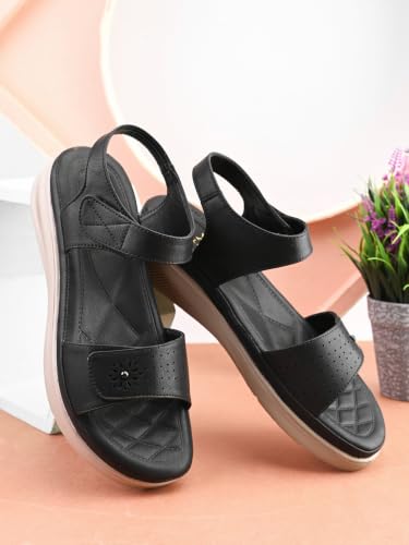Image of XE Looks Women's Open-Toe Comfort Sandals with Floral Cutwork Detail | Soft Cushioned Footbed, Secure Back Strap & Lightweight Low Wedge Sole | Casual Walking Sandals for Women & Girls