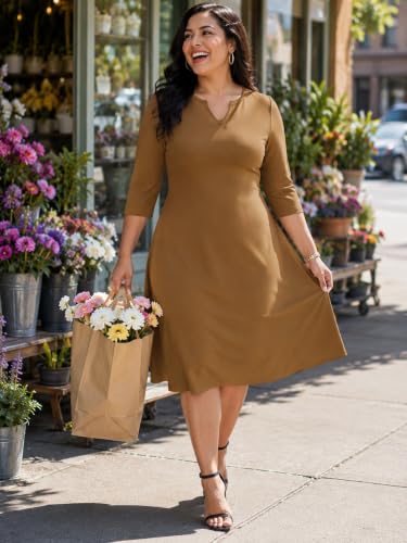 Image of PinkPatty Women's Casual 3 /4 Sleeve Midi Dresses Fit and Flare Church Work Dress with Pockets