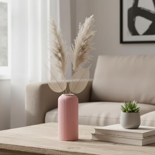 Image of KREATIVE ART'S Modern Ribbed Design Ceramic Flower Vase for Living Room, Flower Pots for Artificial Flower, Home Decoration Item, Home Decor, Vases for Living Room (Pink, Small)